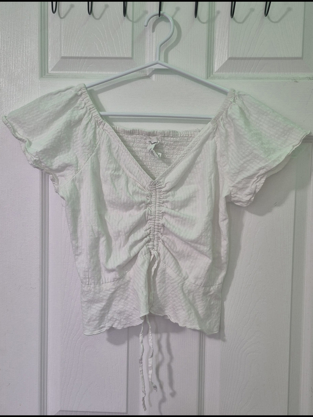 Japna White Ruched Drawstring Crop Top